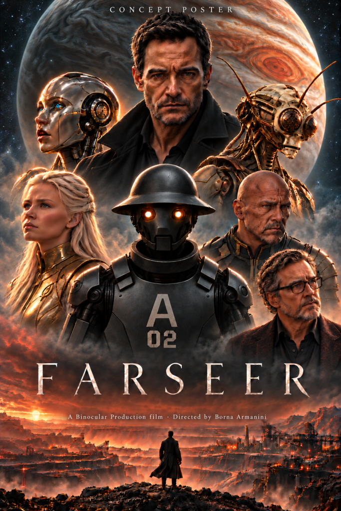 Farseer concept poster featuring AO2 and the film’s characters against Jupiter above a red planetary landscape.