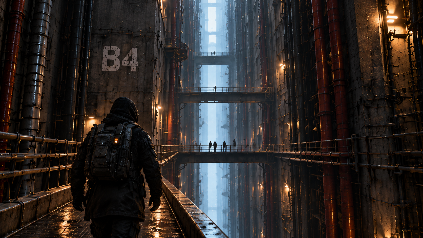 Hooded wanderer inside a futuristic megastructure