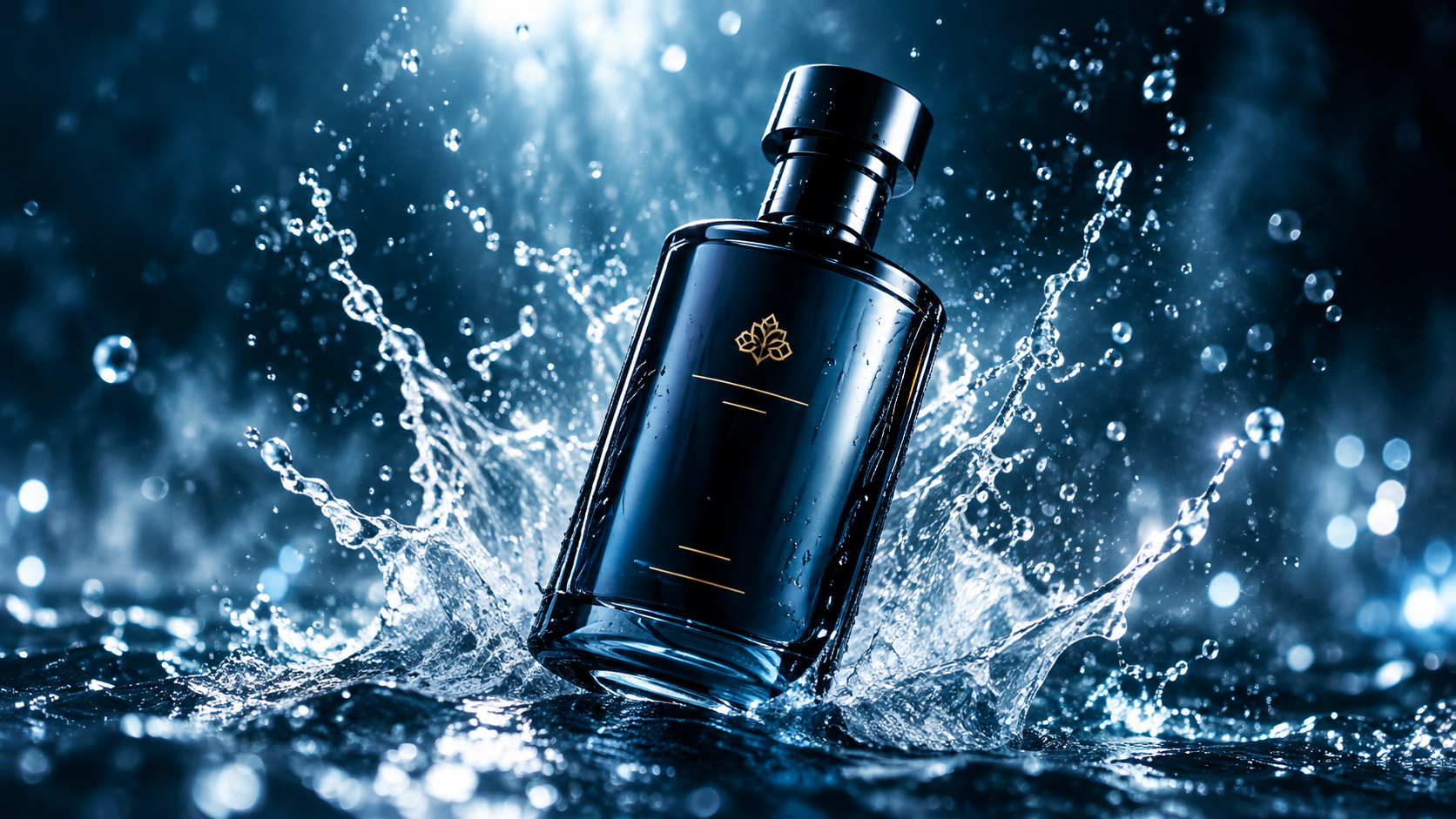 Midnight blue perfume splash for AI commercial and brand content